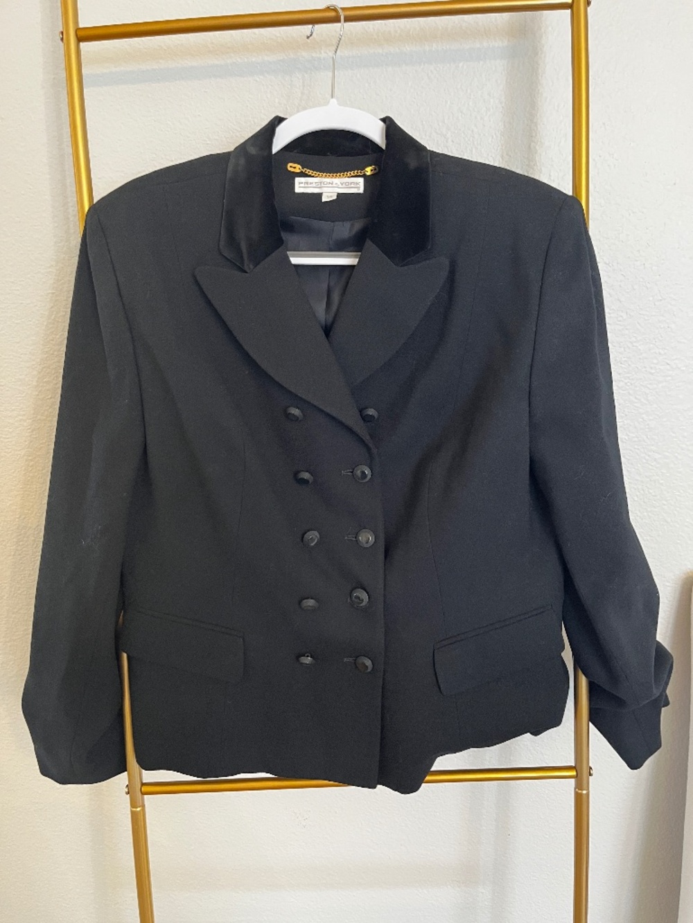 Vintage Preston & York Black Double Breasted Blazer Womens Size 14 Velvet Collar